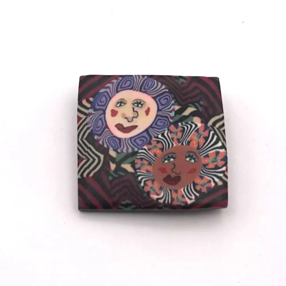 Celestial Painted Wood Pin Square Brooch Sun Flower Face Artisan Artsy Vintage